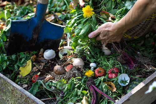 Compost with shovel and hands